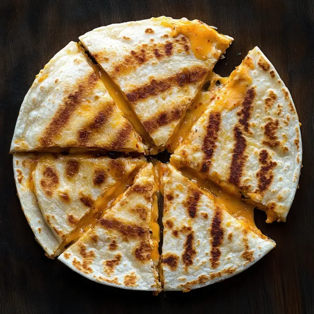 Sliced grilled quesadilla with melted cheddar cheese arranged in wedges on a dark wooden surface.