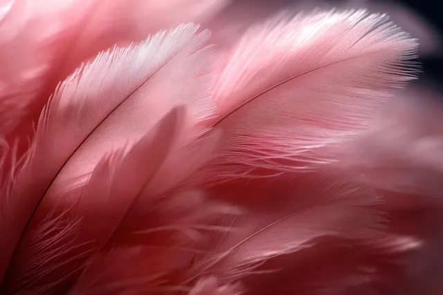 Close-up of soft pink feathers with layered barbs and delicate texture under gentle lighting.