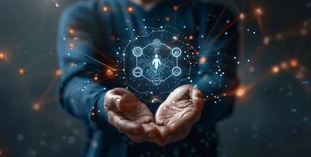 Businessman in suit holds glowing holographic cybersecurity AI interface above palms