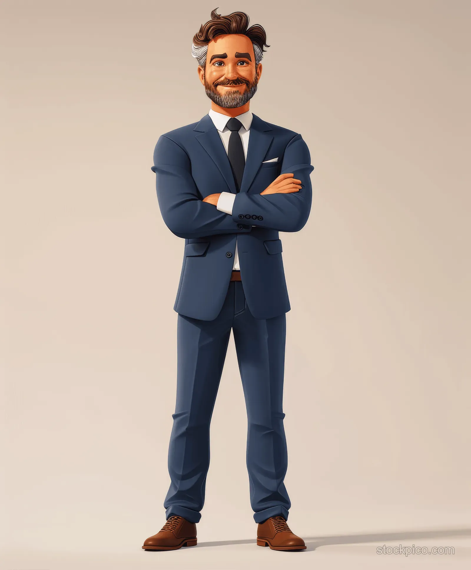 3D cartoon businessman in a blue suit stands full-body with arms crossed against a plain light background.