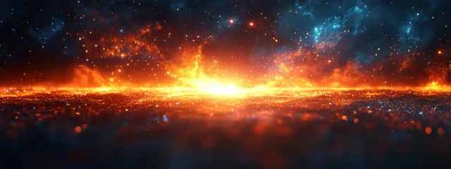 Orange light flare bursts across a dark space horizon with stardust and glowing rays.