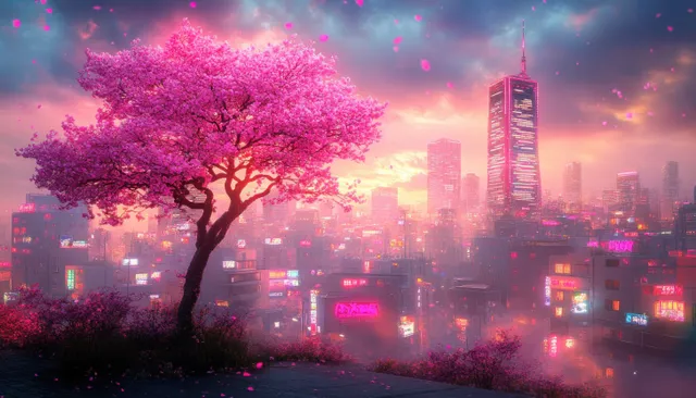Pink blossoming tree in misty futuristic skyline with glowing skyscrapers and drifting petals