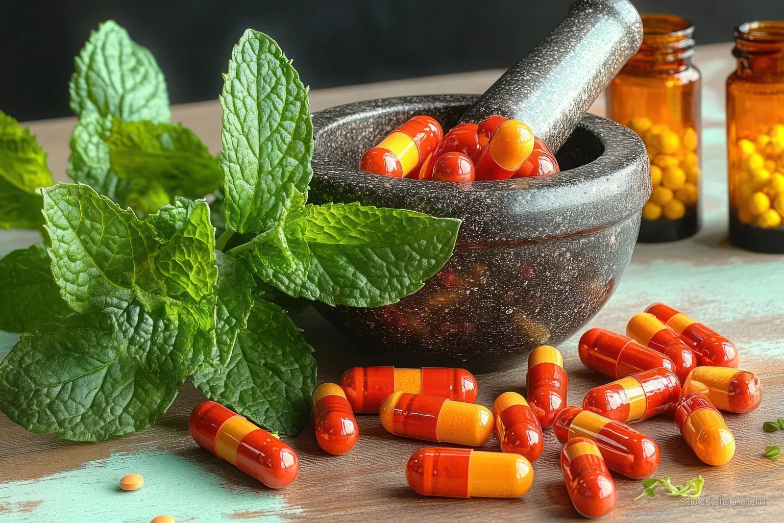 Fresh mint leaves and orange capsules rest on a table beside a gray stone mortar and pestle.