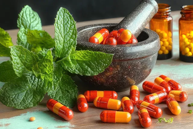 Herbal mint leaves beside orange capsules near a stone mortar pestle
