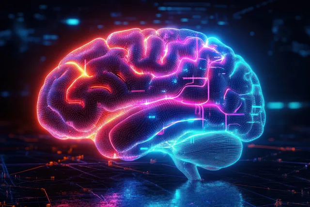 Neon glowing 3D brain with circuit lines and a digital grid on a dark background.