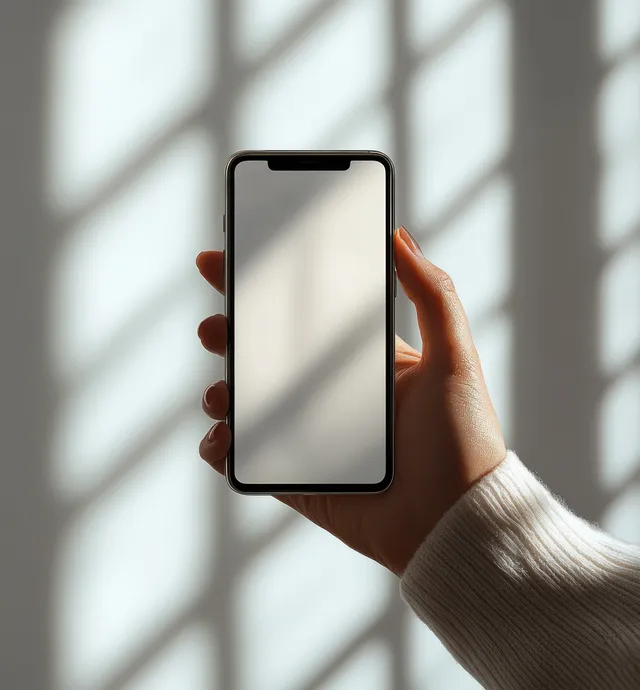 Hand holding a smartphone with blank screen against soft window light