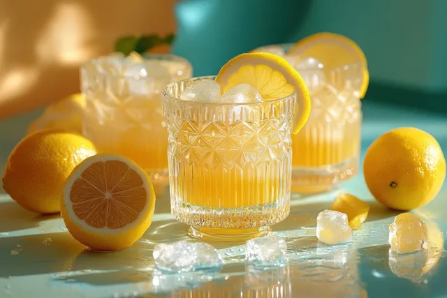 Three ornate glasses of iced orange-yellow citrus drink with lemon slices on a blue surface, surrounded by fresh lemons.