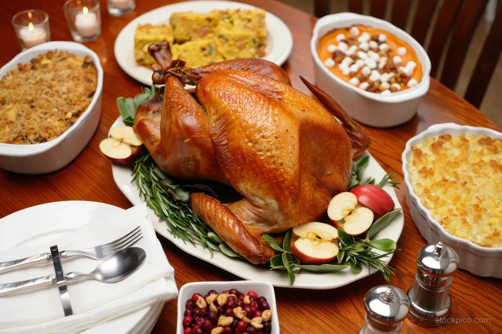 Roasted turkey centerpiece with rosemary on a wooden Thanksgiving table surrounded by side dishes and shakers.