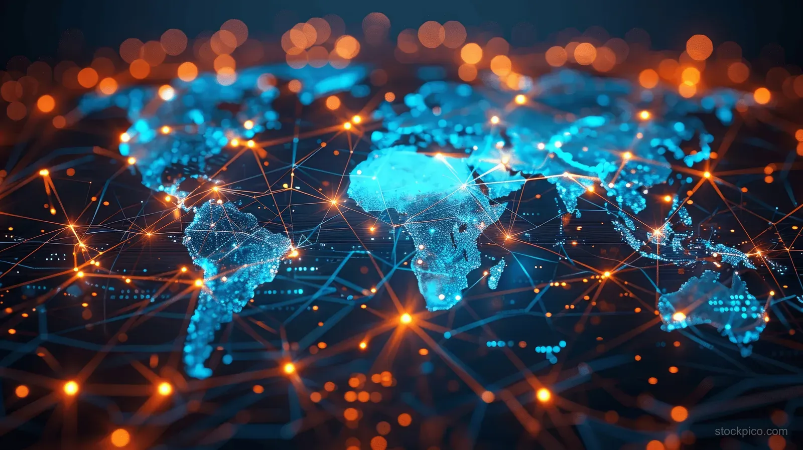 Abstract digital world map with blue glowing nodes and orange network lines across continents.