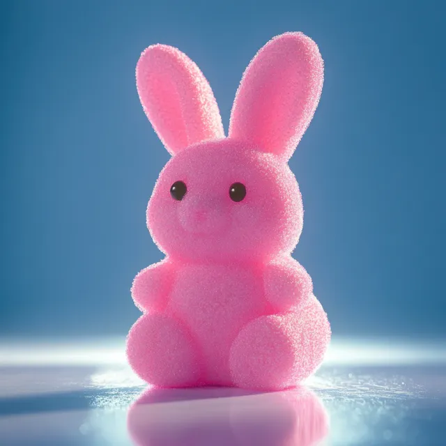 Pink sugar-coated bunny candy with black eyes sitting on reflective surface