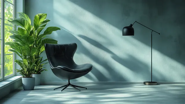 Black swivel chair and floor lamp in a minimalist apartment corner with natural daylight and soft shadows on the wall.