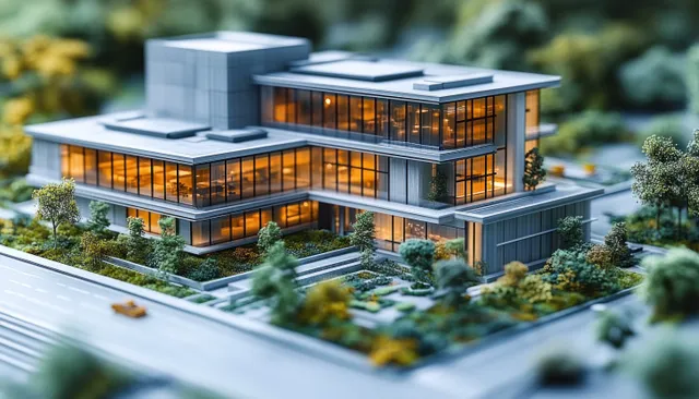 Hyper-realistic healthcare facility model with warm lit windows on a landscaped base and visible blueprint-like plan lines.