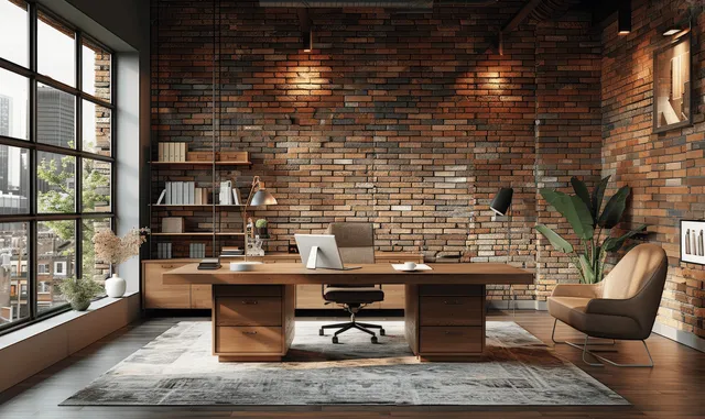 Loft home office with a wooden desk, brick wall, city-view windows, warm lighting, and an armchair with a plant.
