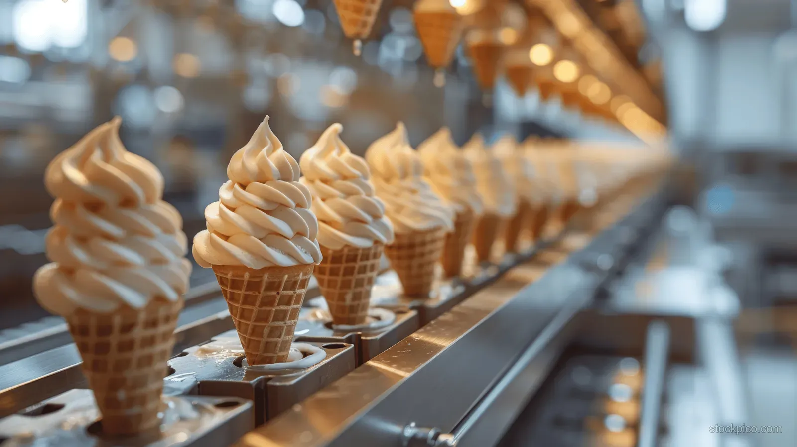 Swirled ice cream cones sit on a conveyor in an automated production line with blurred equipment behind.