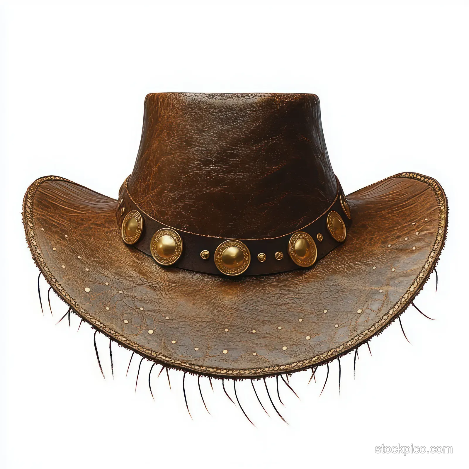 Brown leather cowboy hat with brass conchos, metal studs, and fringe edges against a white background.