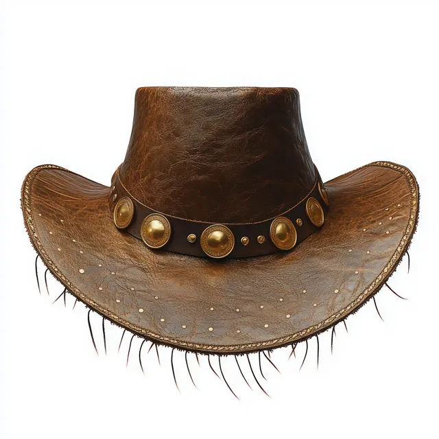 Brown leather cowboy hat with brass conchos, metal studs, and fringe edges against a white background.