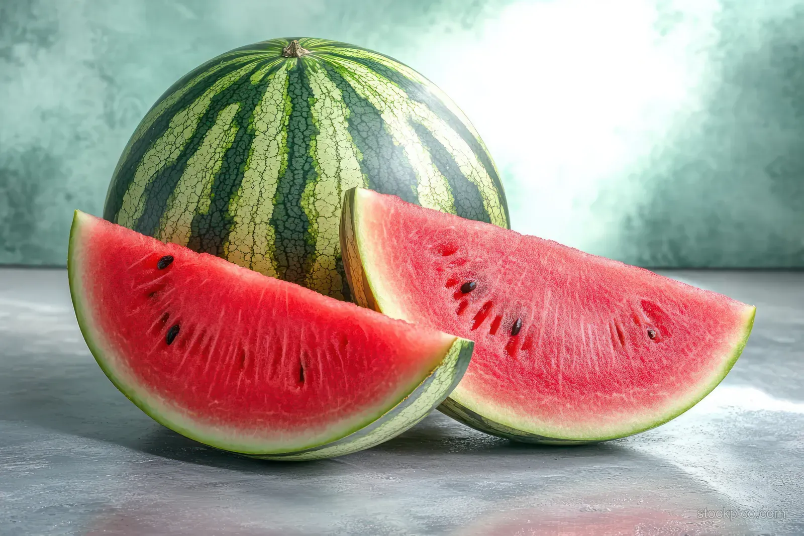 Whole watermelon with two red slices and visible seeds on a smooth gray surface.
