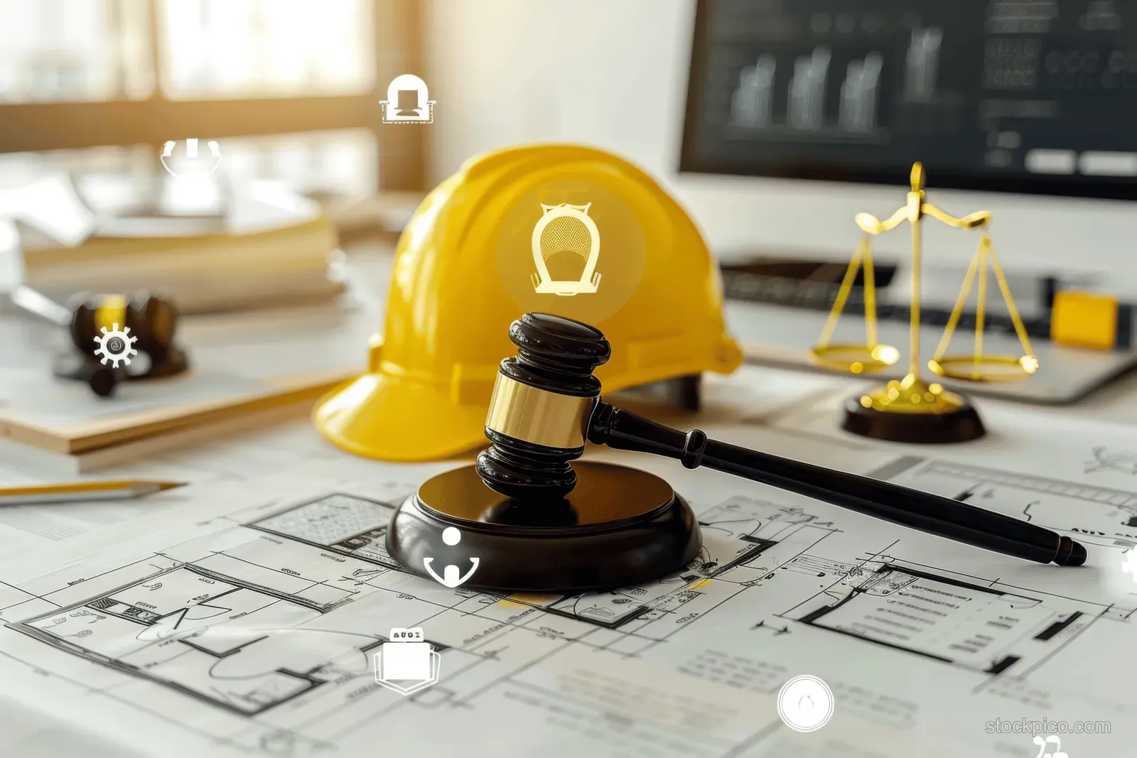 Yellow safety helmet and gavel on architectural blueprint papers with blurred legal scales and drafting tools.