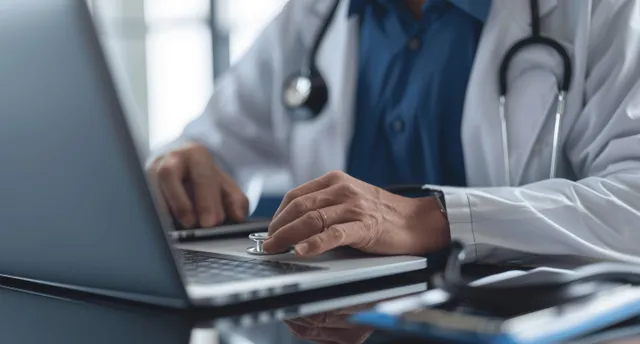 As mãos de um médico digitam em um laptop em um consultório enquanto um estetoscópio e um tablet digital estão por perto durante uma reunião online.