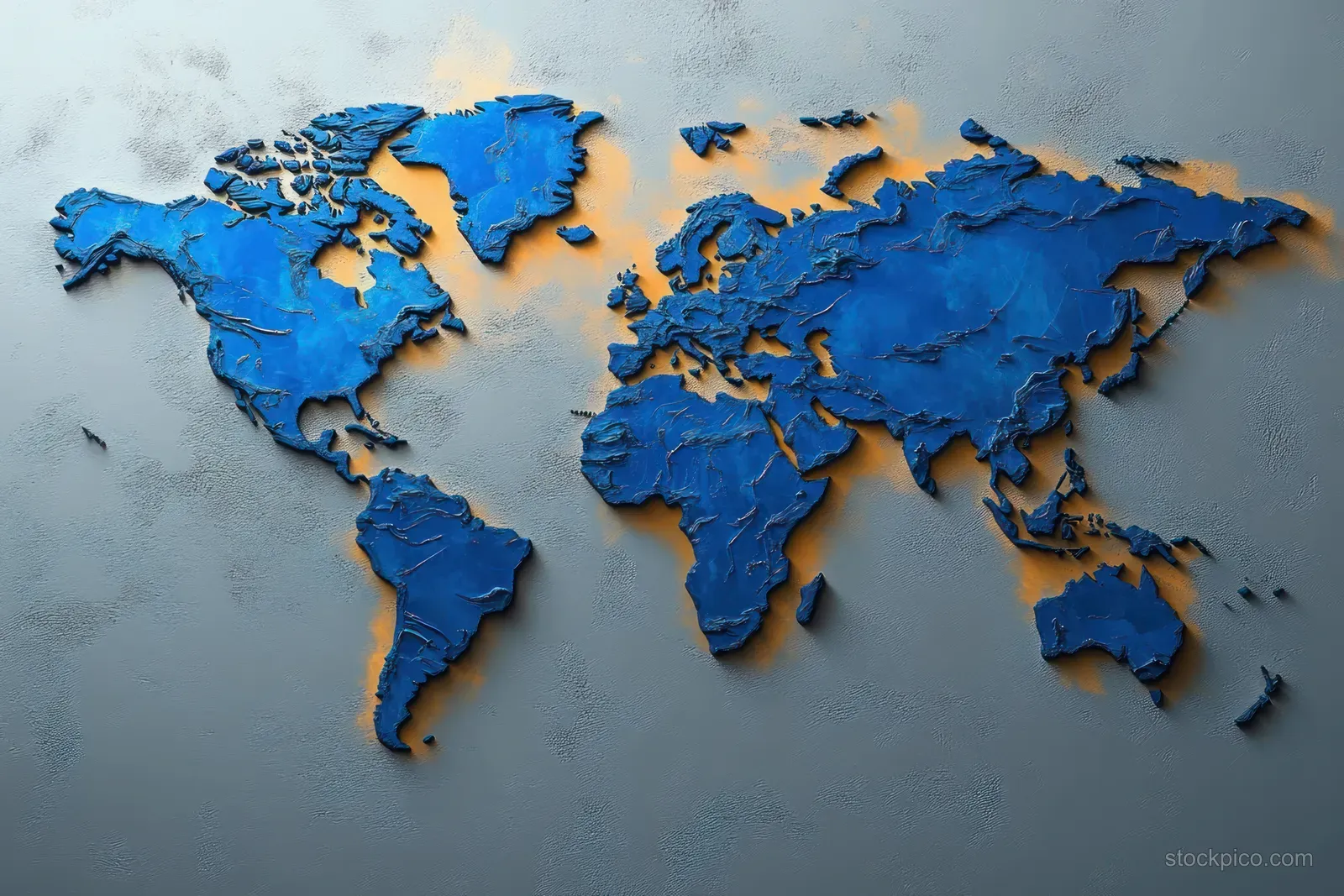 Textured blue world map relief with orange highlights over a rough grey background.