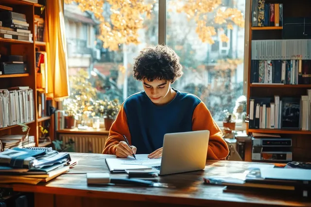 Young boy doing homework at a desk, writing beside a laptop by a sunlit window
