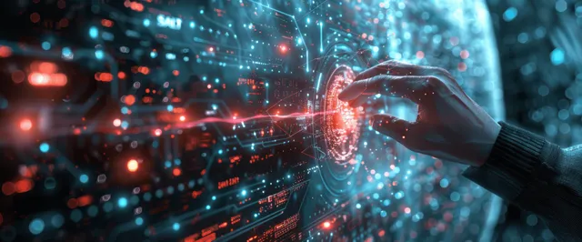 Gloved hand encrypting data on glowing cyber network with padlock shield interface
