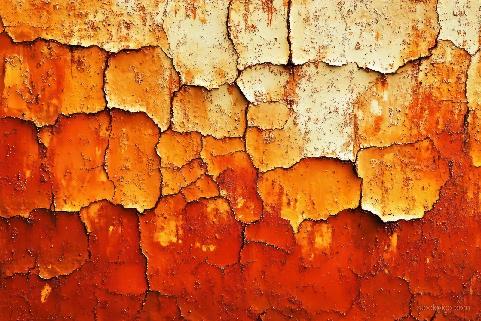 Close-up of orange rust and cream cracked metal with peeling paint and corrosion textures.