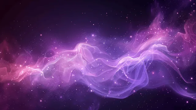 Purple particle wave ripples across dark space, surrounded by glowing stars and faint smoke-like nebula trails.