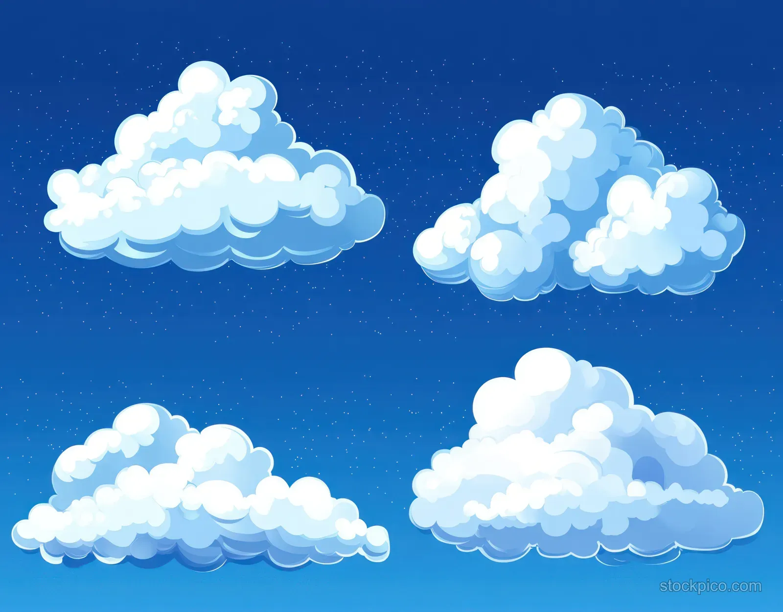 Four fluffy white cumulus clouds float on a clear deep blue sky with soft shadows and highlights.