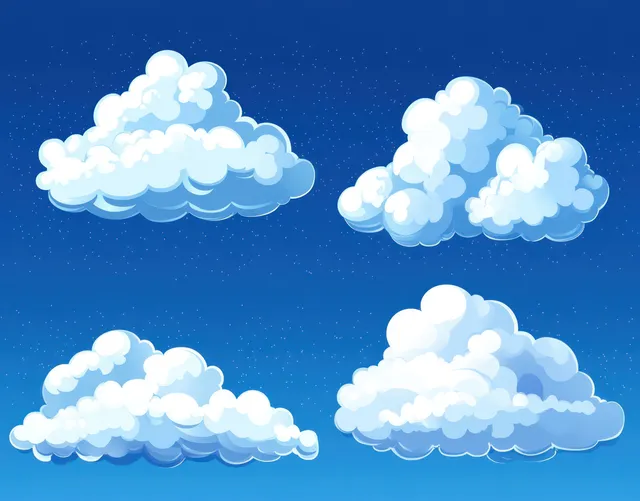 Four fluffy white cumulus clouds float on a clear deep blue sky with soft shadows and highlights.