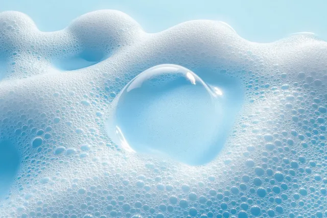 Soap foam bubbles cluster into a heart-like shape on a light blue background.