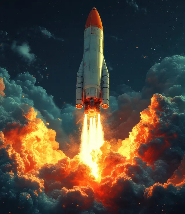 A rocket blasts upward through fiery clouds at night with glowing flames and sparks.