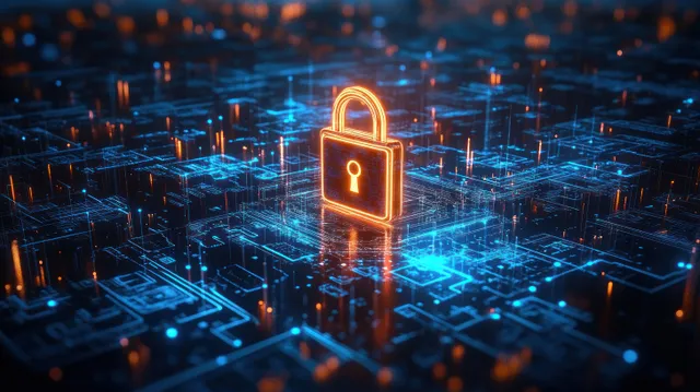 A glowing padlock icon sits over blue network circuitry with endpoint security visual signals.