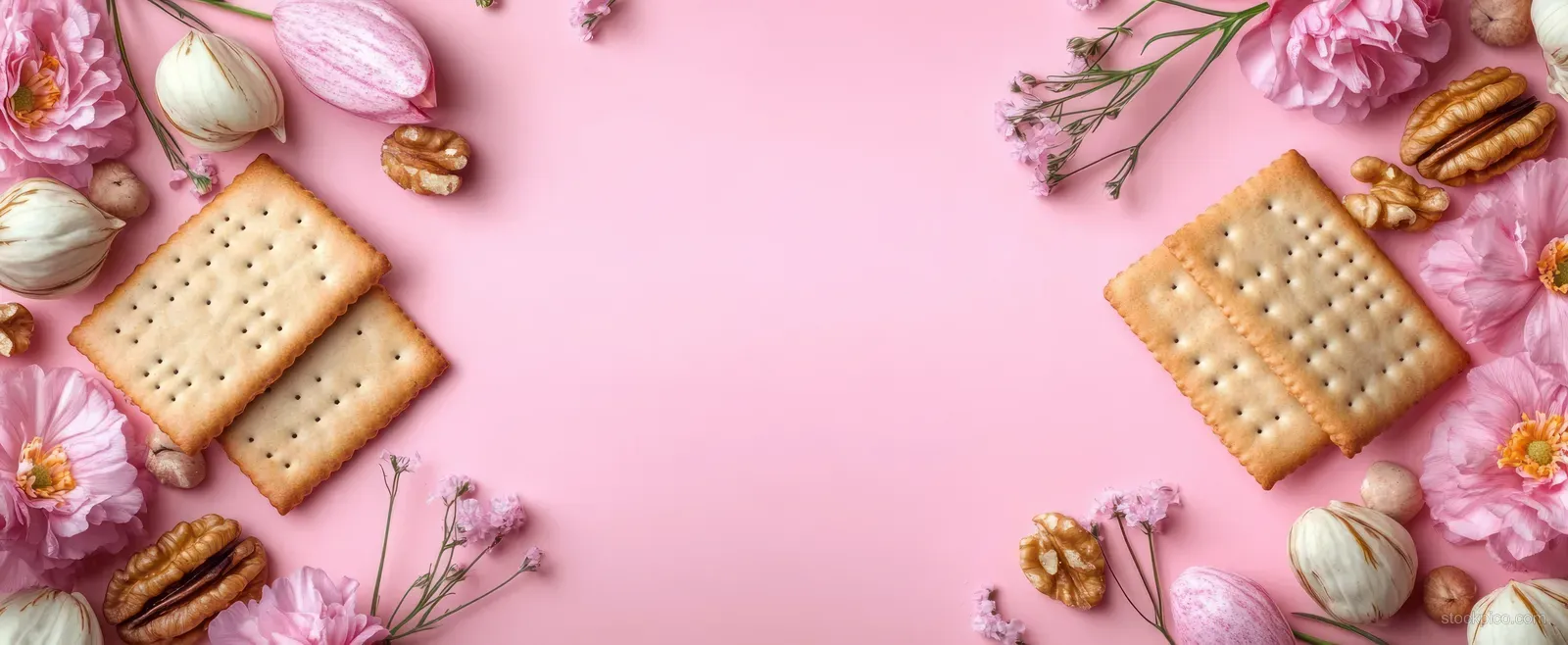 Top-down Passover flat lay with matzo crackers, pink flowers, and scattered nuts on a pink background.