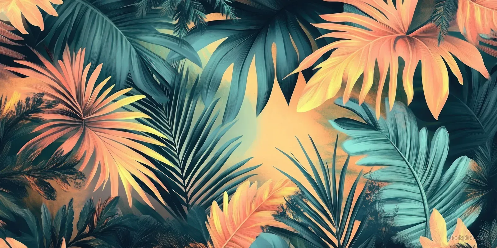 Colorful tropical palm and banana leaves surround a soft glowing center.