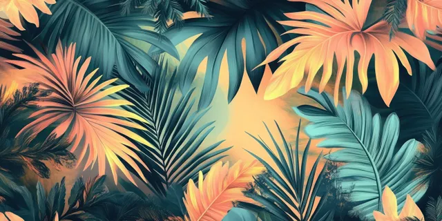 Colorful tropical palm and banana leaves around glowing background
