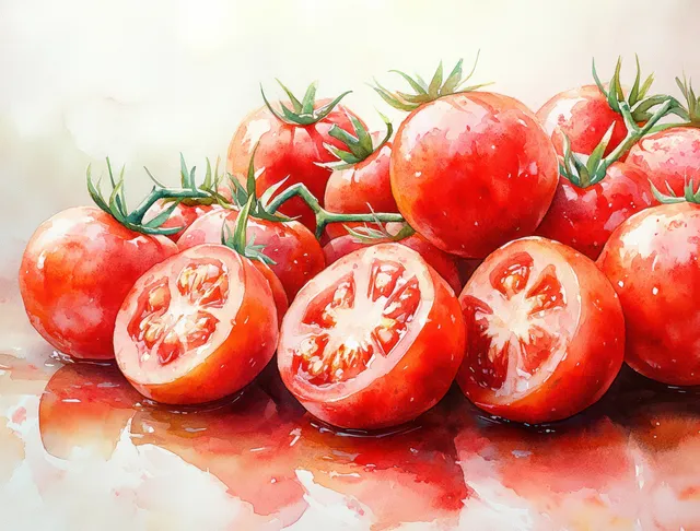 Ripe Red Tomatoes Watercolor Arrangement on Bright White Background