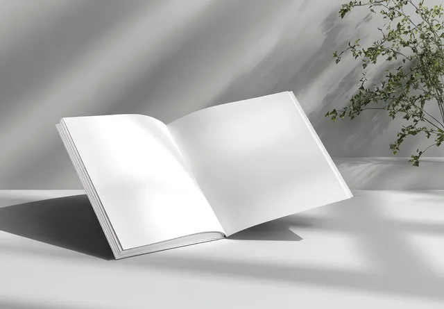 Open Blank Brochure Mockup on Soft Gray Surface with Sunlight
