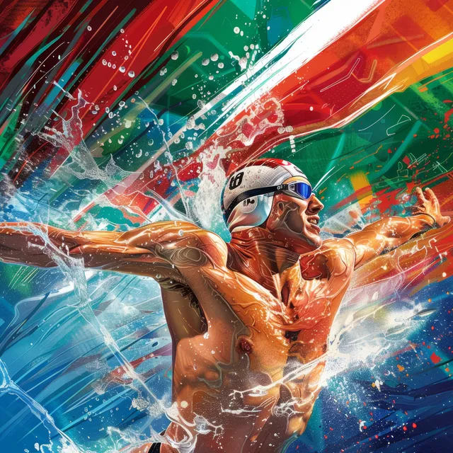 Hungary swimmer races in mid-breaststroke, Hungarian flag behind with splashing water