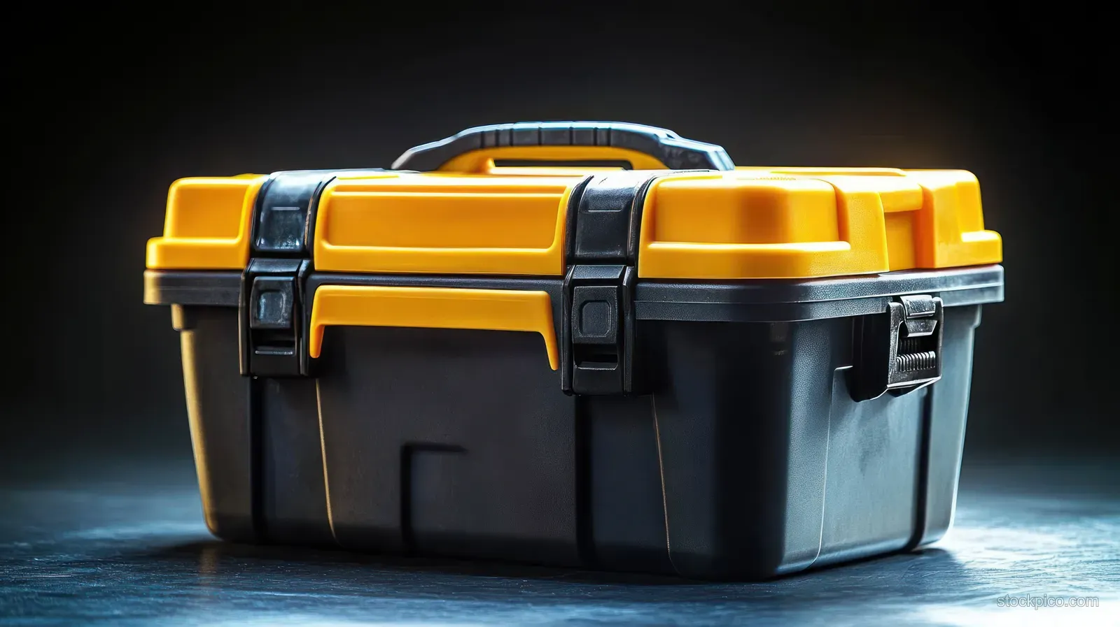 Black and yellow plastic toolbox with closed latches and handle on a dark reflective surface.