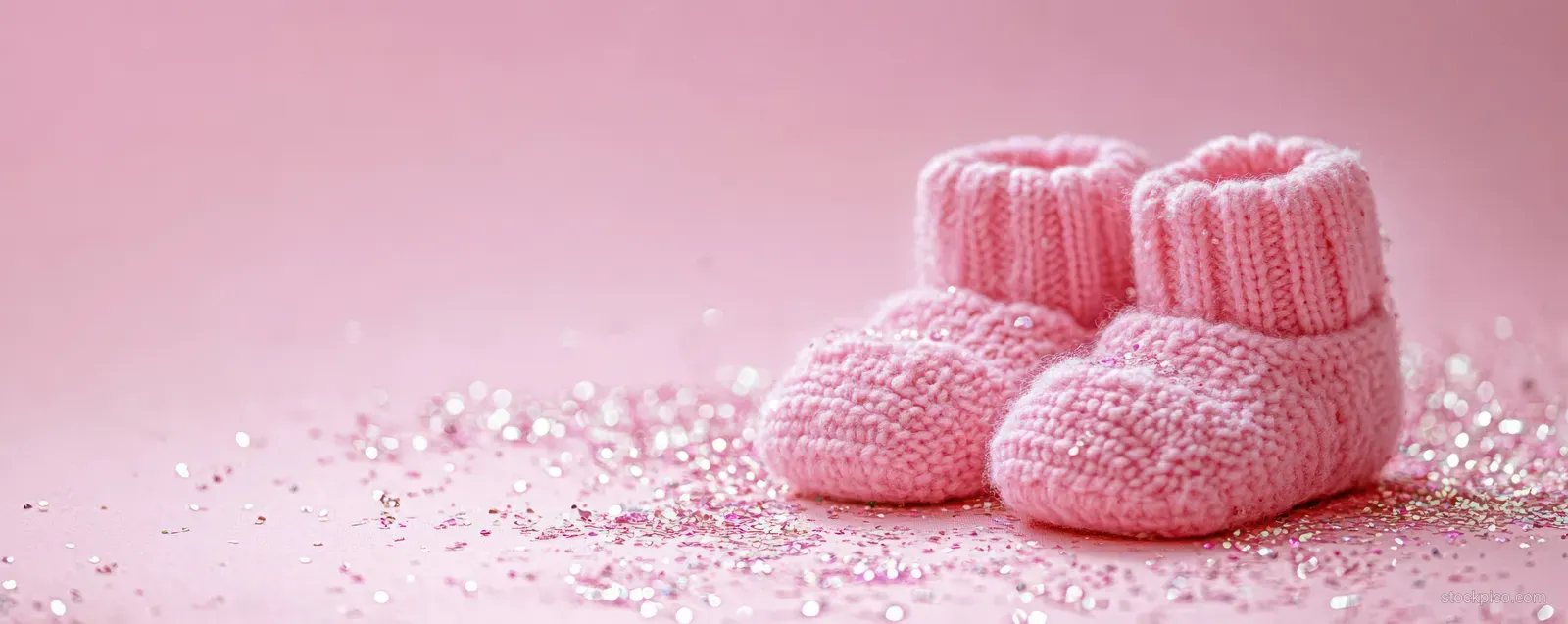 Pink baby booties on a pastel pink background with small glittering confetti pieces scattered nearby.