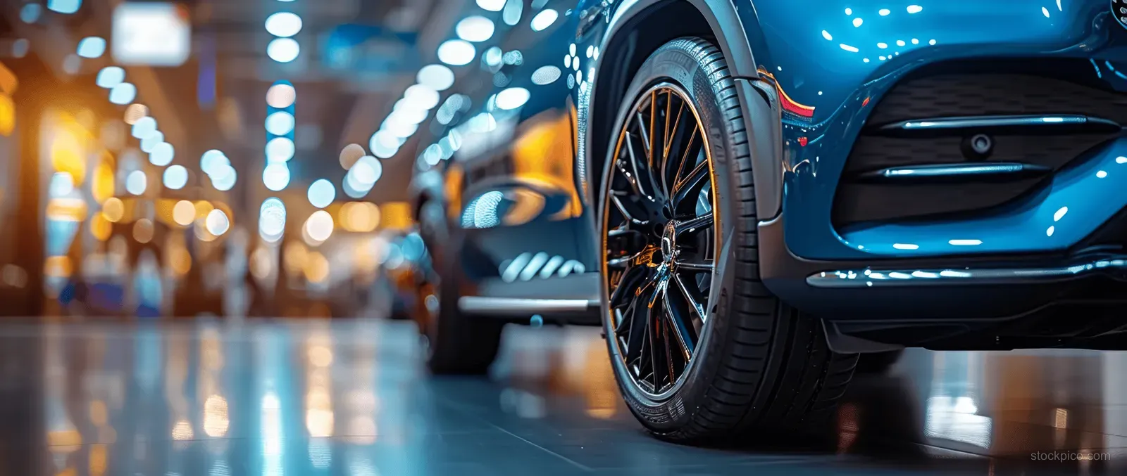 Blue SUV front wheel and headlight in a dealership showroom with blurred people behind it.