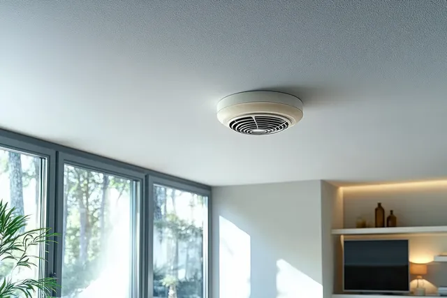 Ceiling smoke detector mounted in a modern living room ceiling above large windows.