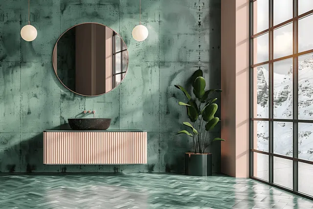 Modern bathroom interior with round mirror above a ribbed vanity, green textured wall, indoor plant, and snowy mountain view through a window.