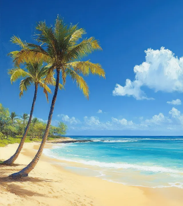 Palm Trees Casting Shadows on Golden Tropical Beach by Turquoise Ocean