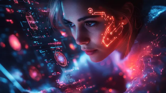 Glowing medical AI hologram panels and robotic diagnostic interface hover over futuristic circuitry.