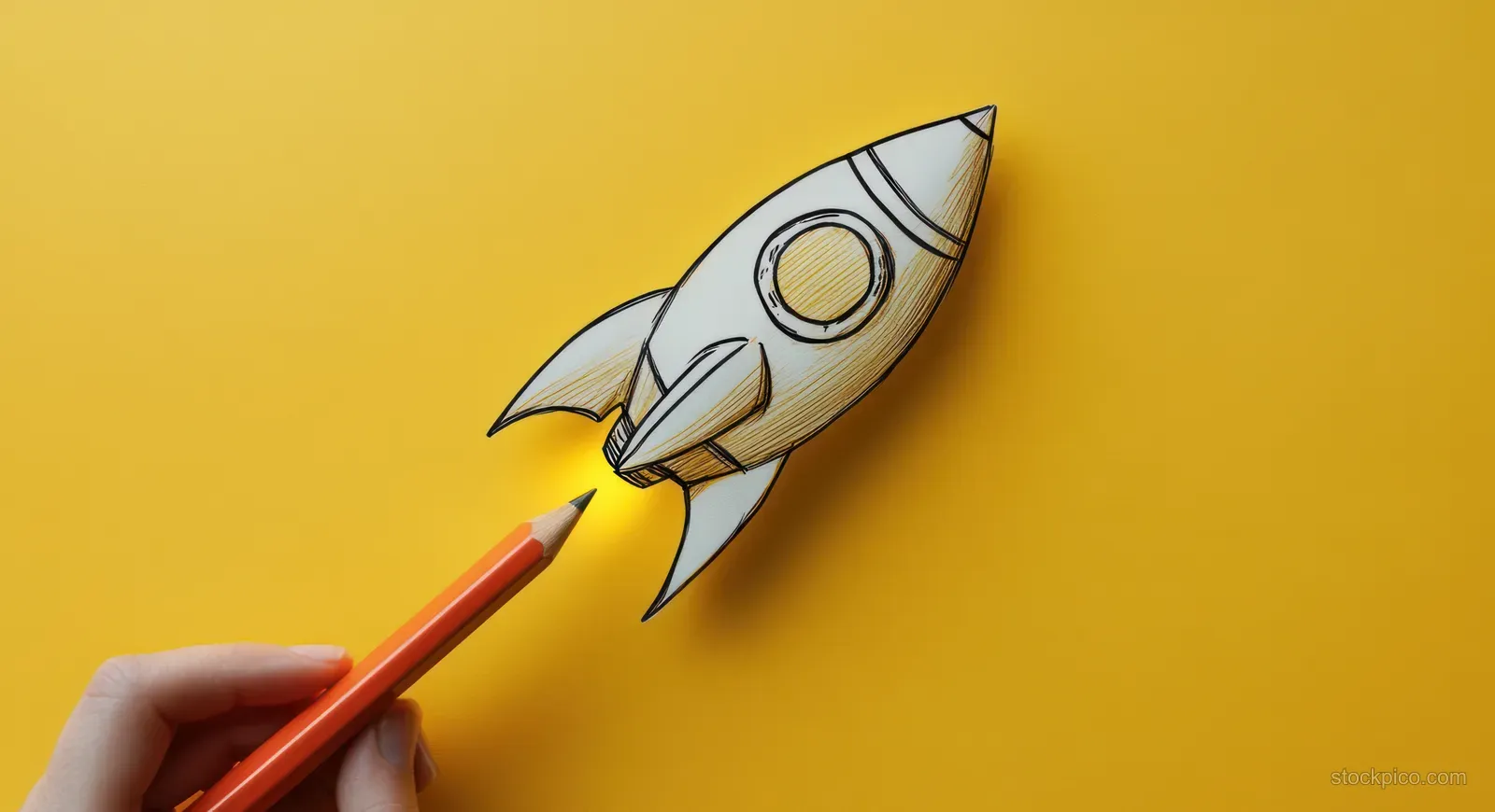 A hand holds an orange pencil sketching a rocket on a bright yellow background.