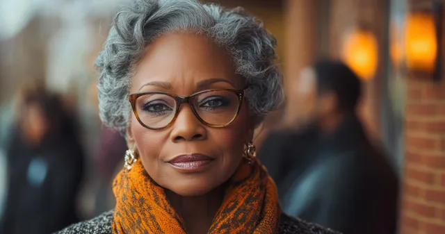 Confident mature woman in glasses wearing an orange scarf with a softly blurred city background