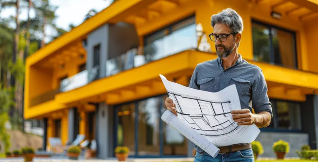 Architect holding blueprints outside a modern house under construction with yellow building facade in view.