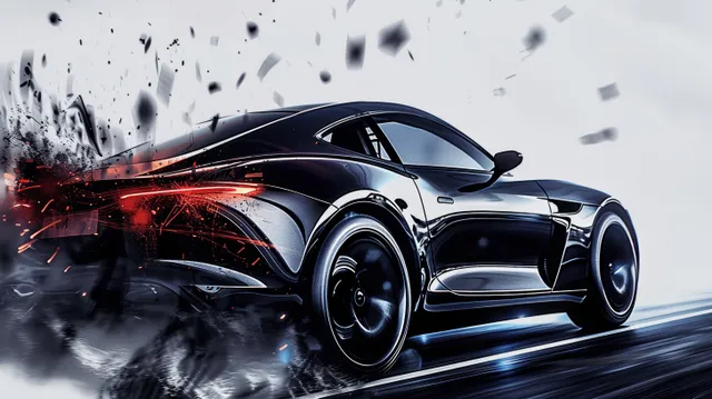 A black electric supercar speeds down a dark highway with neon motion blur.